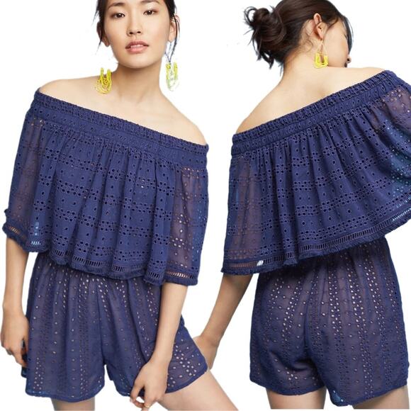 Anthropologie Ranna Gill Tiered Eyelet Off-The-Shoulder Romper Size Medium NEW - Picture 1 of 8